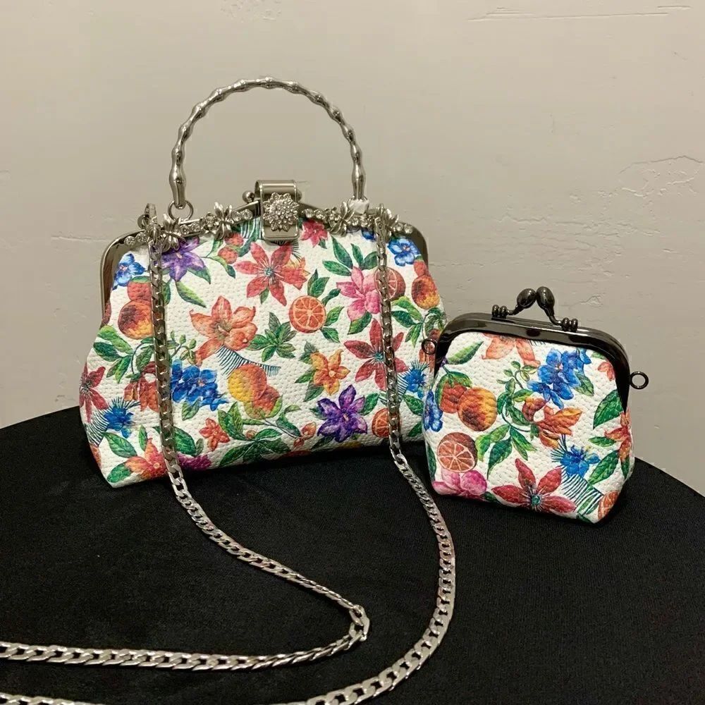 Handmade Genuine Embossed Leather Rhinestone Metal  Frame Handbag & Small Purse